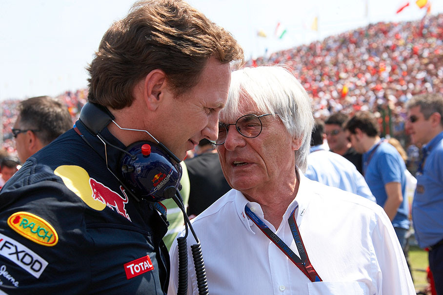 Bernie Ecclestone with Red Bull team boss Christian Horner on the grid before the Hungarian GP