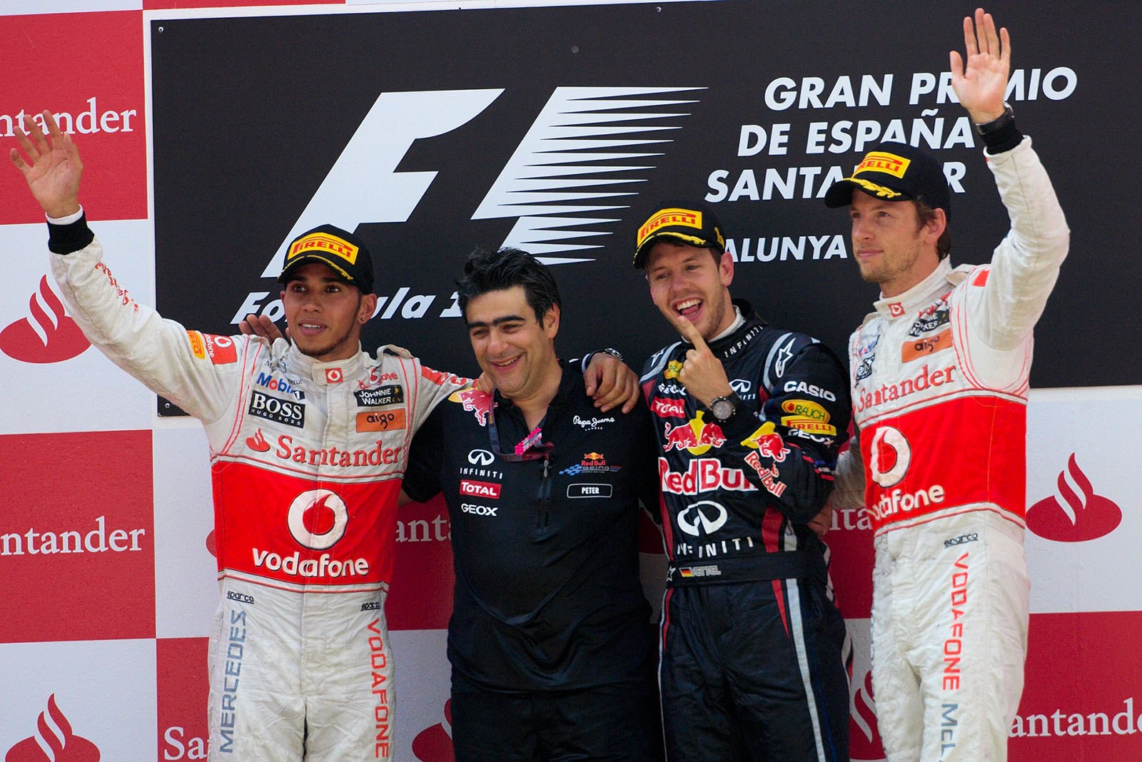Celebrations on podium with Vettel, Hamilton and Button.