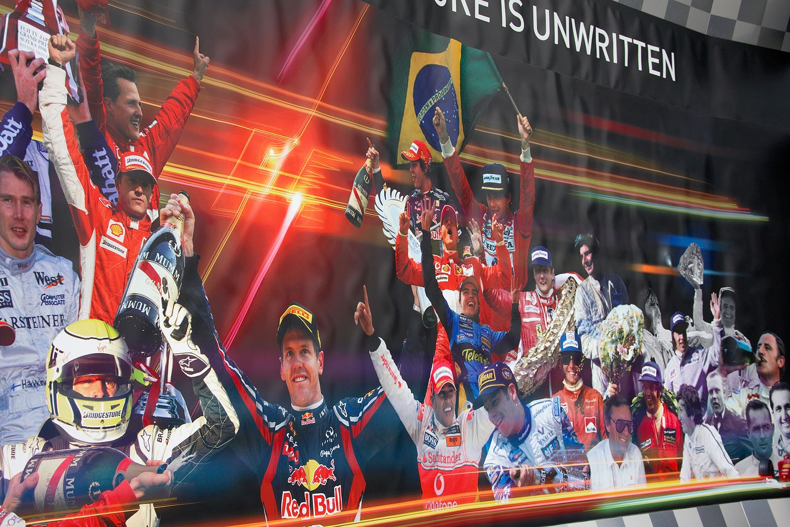 A beautiful backdrop on the podium on Thursday shows the various F1 world champions