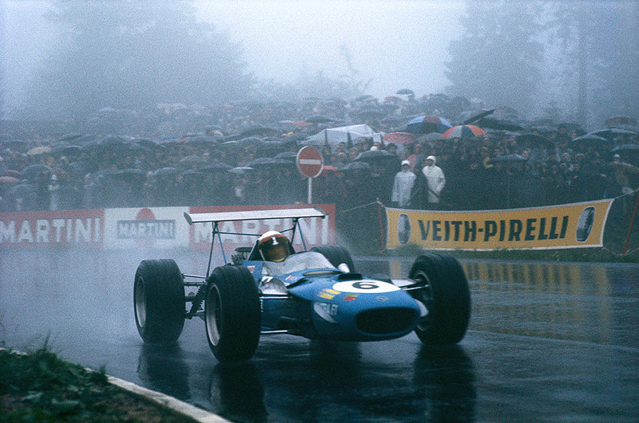 Using his Dunlop wet tyres to maximum effect in pouring rain, Jackie Stewart leads the German Grand Prix in his Matra Ford-Cosworth MS10