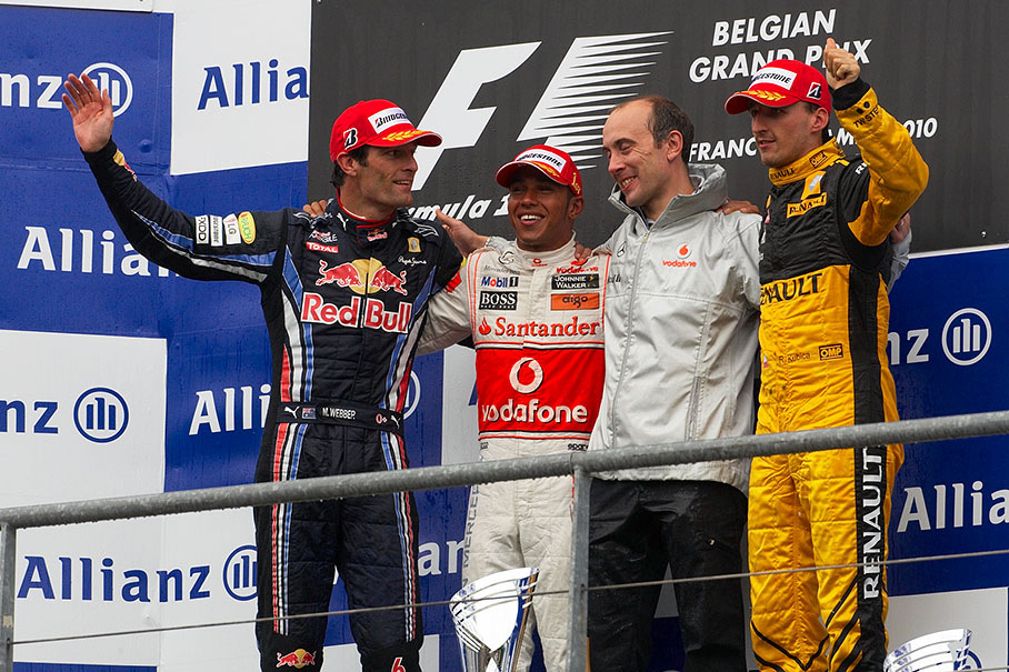 Final podium group photo (L to R): Second placed Mark Webber of Red Bull Racing, race winner Lewis Hamilton, McLaren, besides him Phil Prew, McLaren Race Engineer, and Robert Kubica of Renault as a happy third