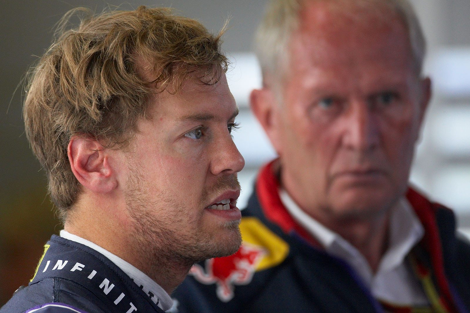 Sebastian Vettel in the Red Bull pits before practice