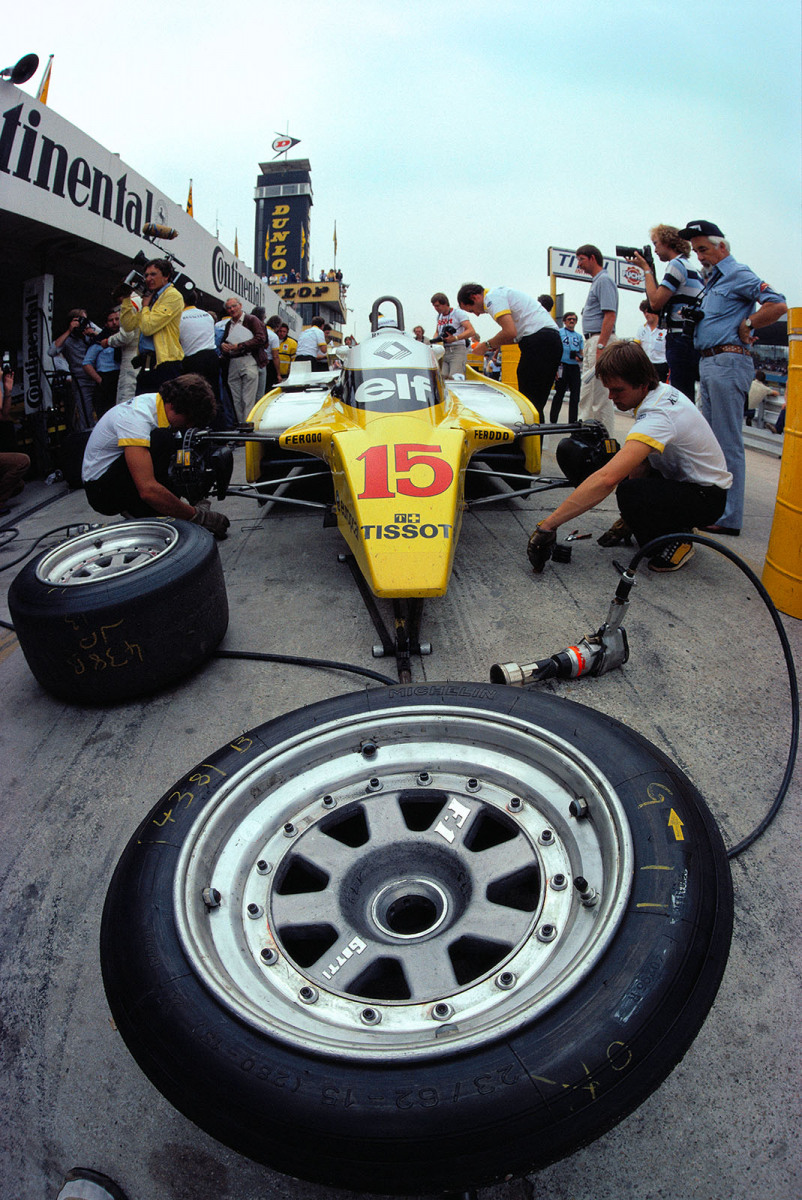 Jabouille's Renault in the pits during practice, German Grand Prix, Hockenheim, 1980