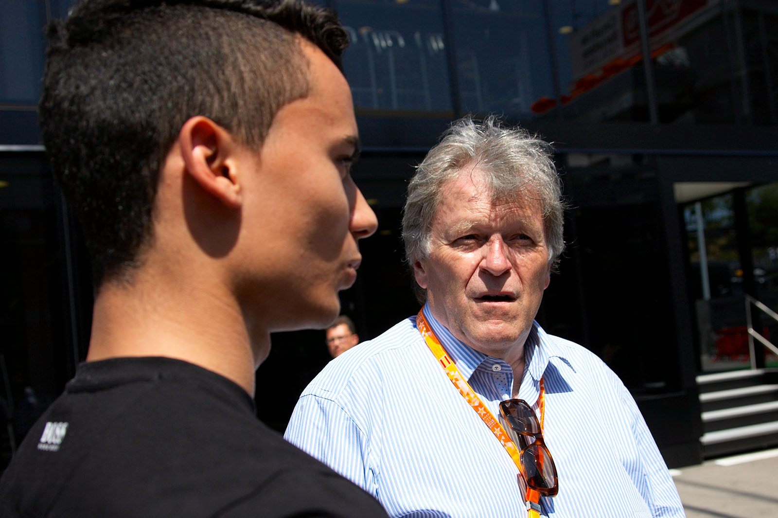 Norbert Haug, former president of Mercedes-Benz motorsport together with Pascal Wehrlein, the reserve driver for the Mercedes F1 team, Spanish Grand Prix, Barcelona, 2015