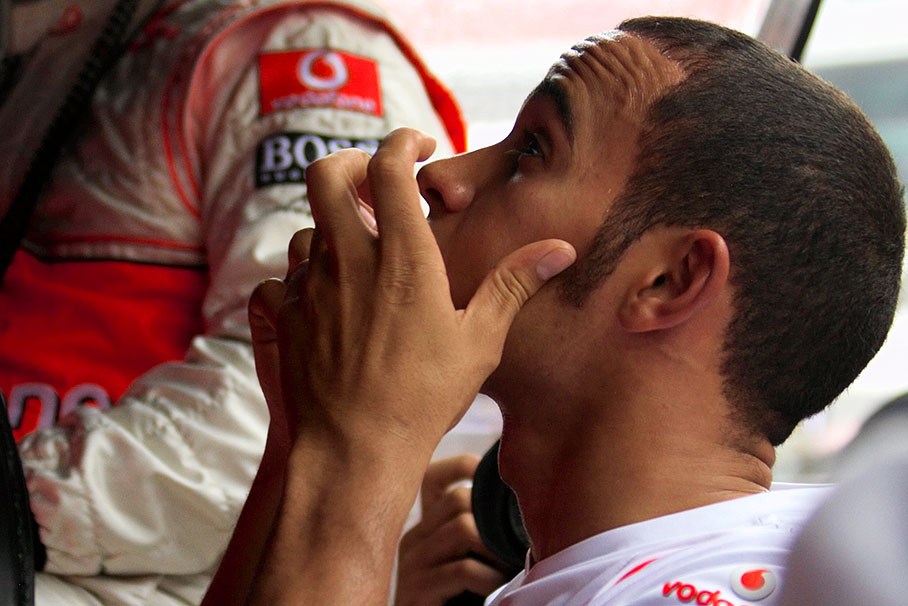 Lewis Hamilton after his retirement at McLaren command center