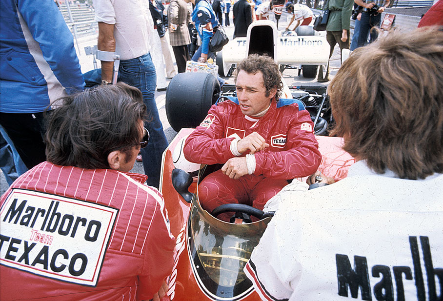 Jochen Mass seems stuck in the cockpit of the McLaren-Cosworth
