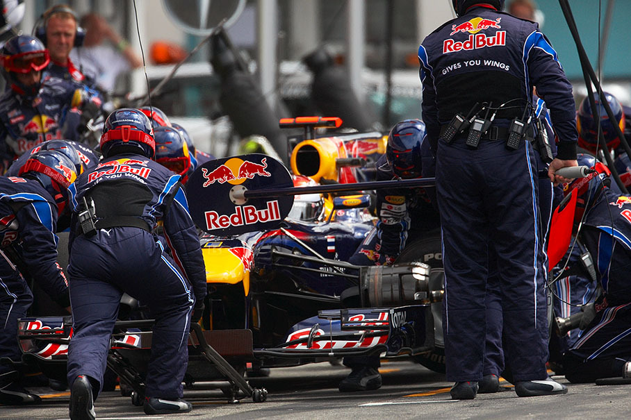 Sebastian Vettel, Red Bull Racing, stops at the pits