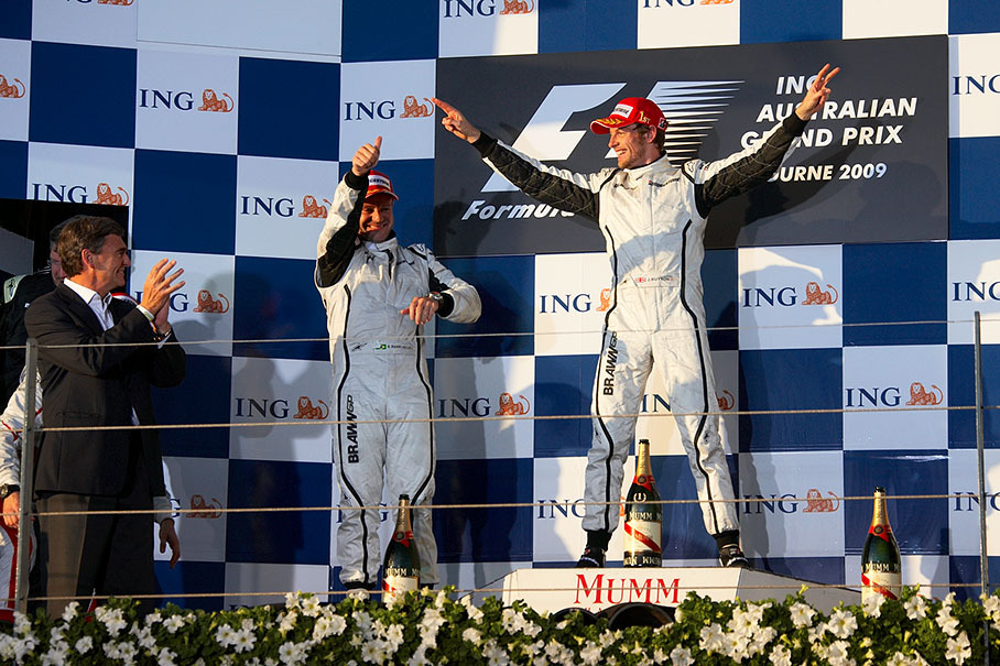 A miraculous 1-2 win for the Brawn GP drivers Rubens Barrichello and winner Jenson Button