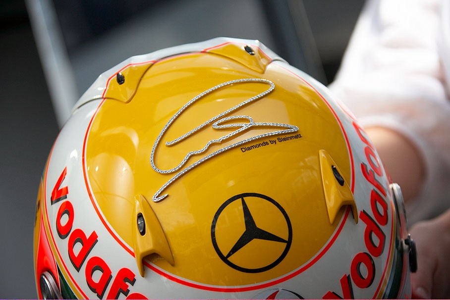 Sponsor's diamonds on Hamilton's helmet.