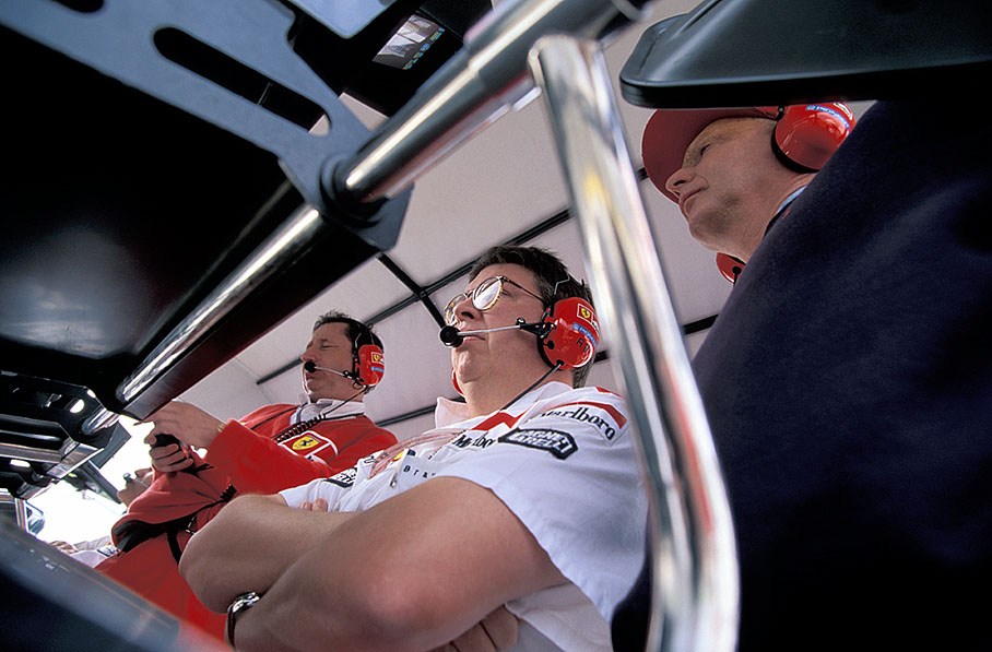 Ferrari's technical director Ross Brawn at the pitwall with Jean Todt and Niki Lauda