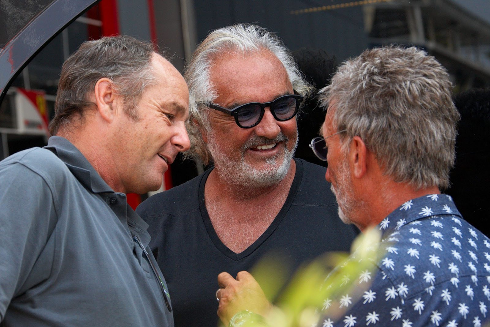 Gerhard Berger and Flavio Briatore meet their old friend Eddie Jordan, Monza, Italian Grand Prix, 2016
