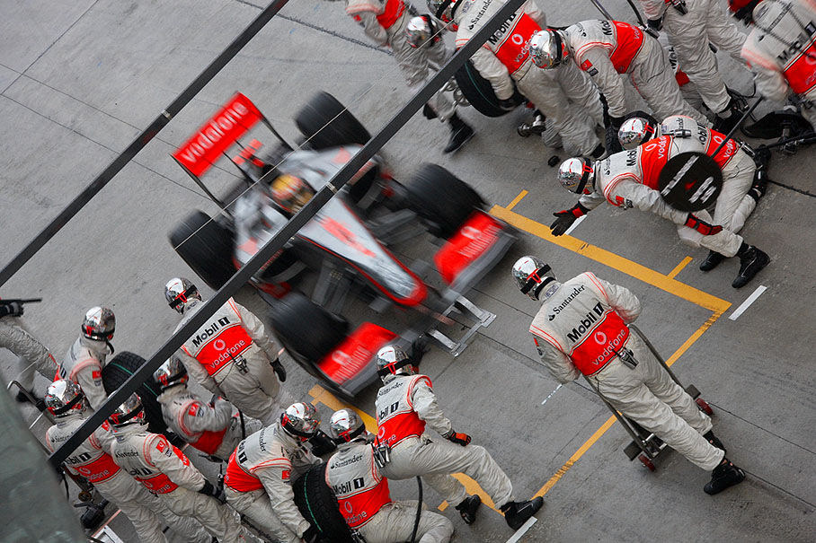 Lewis Hamilton arrives at McLaren Mercedes pits
