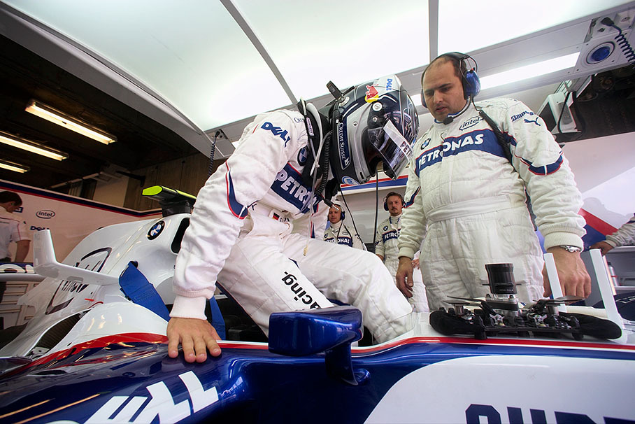 BMW Sauber driver Sebastian Vettel takes a seat for his first F1 race
