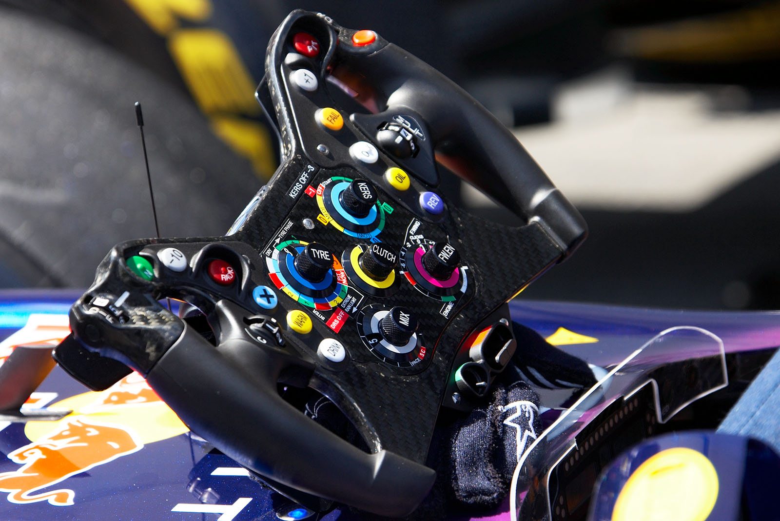 The steering wheel of Vettels RBR race car 'Hungry Heidi'