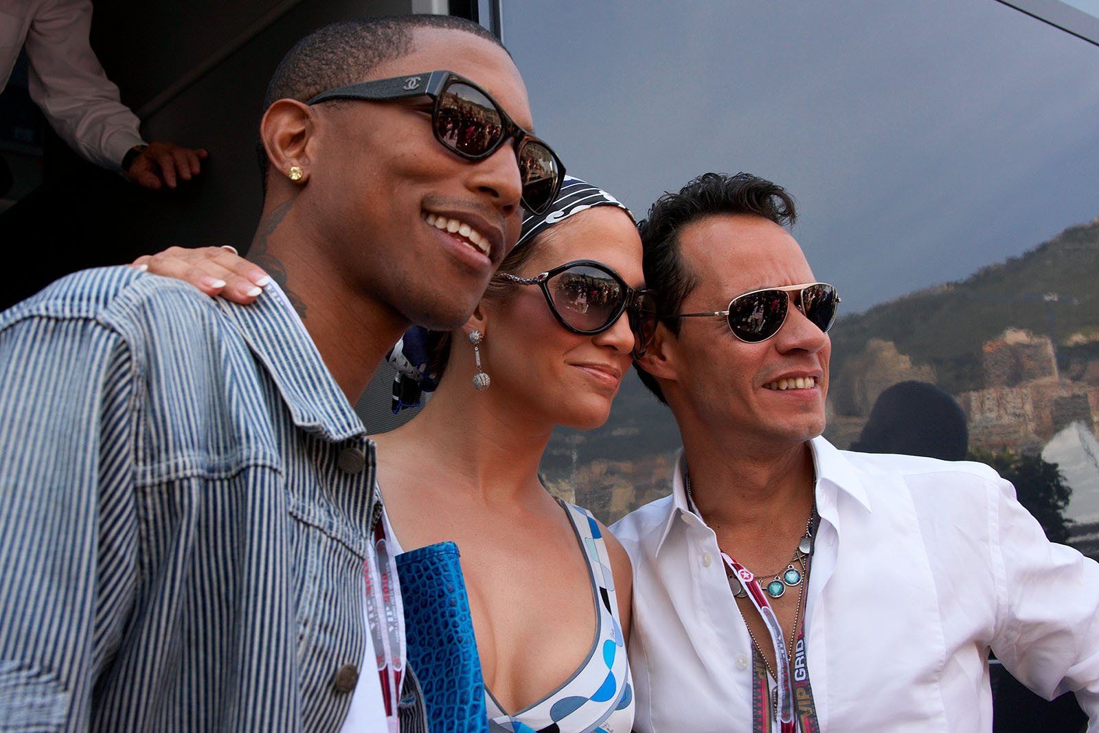 Jennifer Lopez with her husband Mark Anthony and musician/producer Pharrell Williams