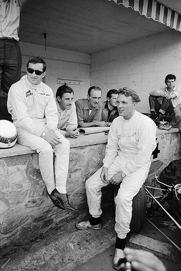 BRM drivers Jackie Stewart and Graham Hill (left) and Eagle-Climax driver Dan Gurney (centre)