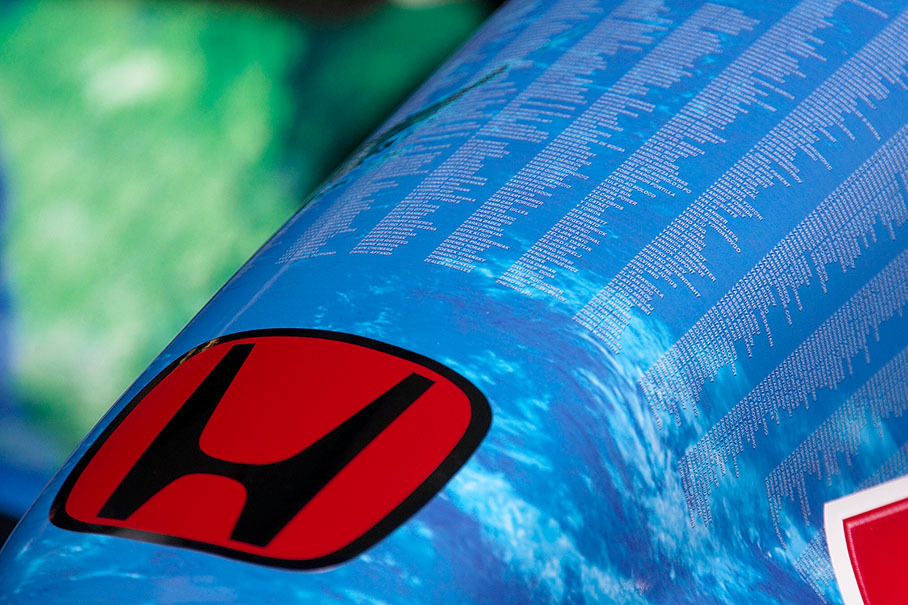 Honda displays each name of every single person who has donated for the 'one world' livery