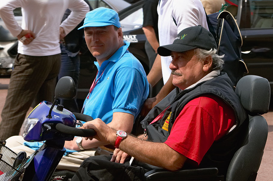 Philippe Streiff and Clay Regazzoni (in the front), two former Formula 1 drivers, both had race accidents and are paralysed.