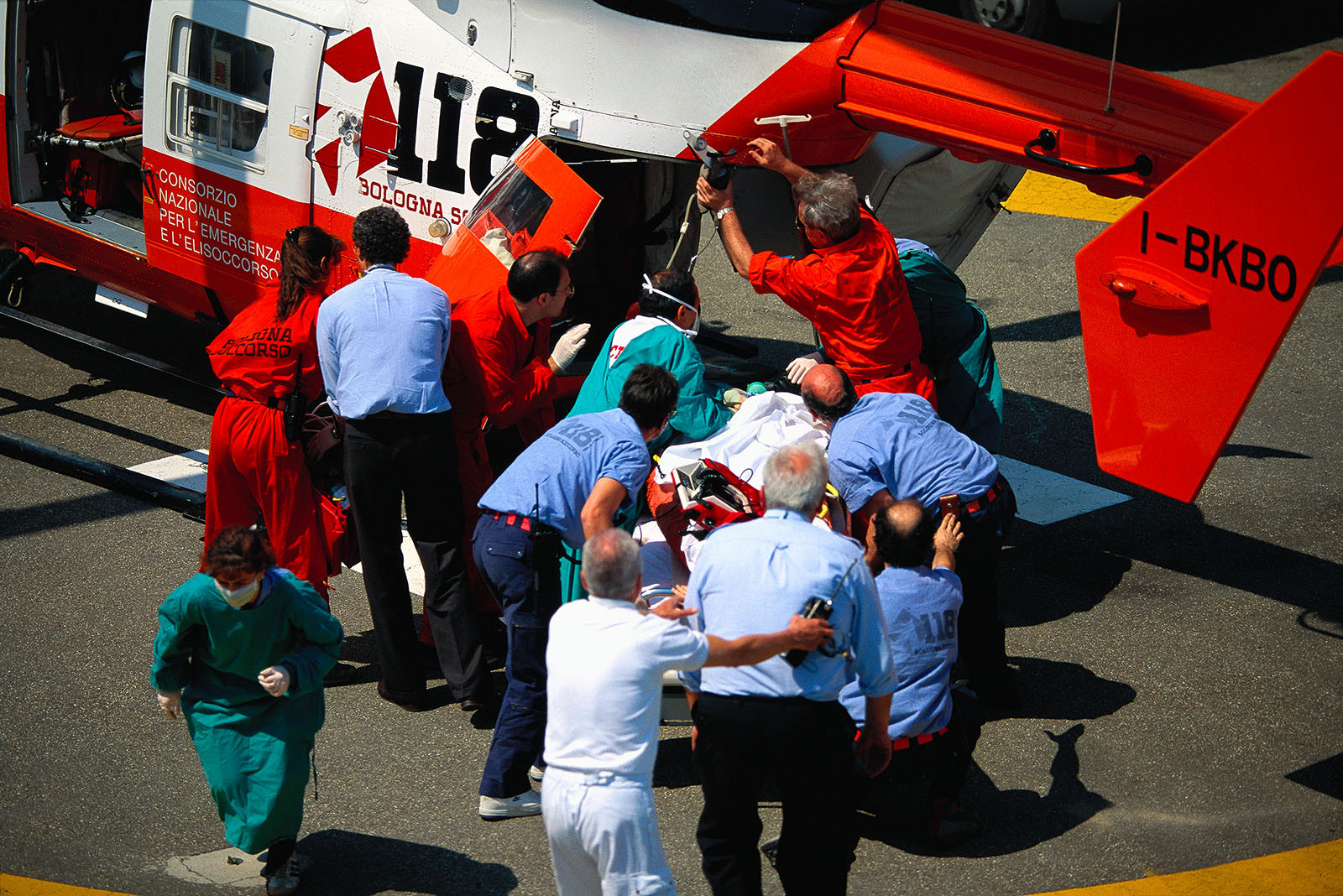 The body of Roland Ratzenberger is being put on a medical helicopter after he died in a crash during the black weekend in Imola.
