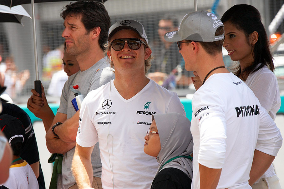 Webber, Rosberg and Schumacher during drivers parade