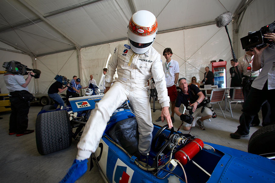 Formula 1 World Champion 1969, 1971 and 1973 Sir Jackie Stewart exits his World Championship-winning 1969 Matra-Cosworth  MS80