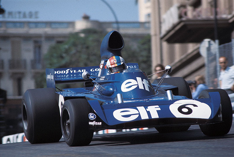 Francois Cevert on Tyrrell-Cosworth 006 in front of the Hotel D'Hermitage, Monaco GP 1973