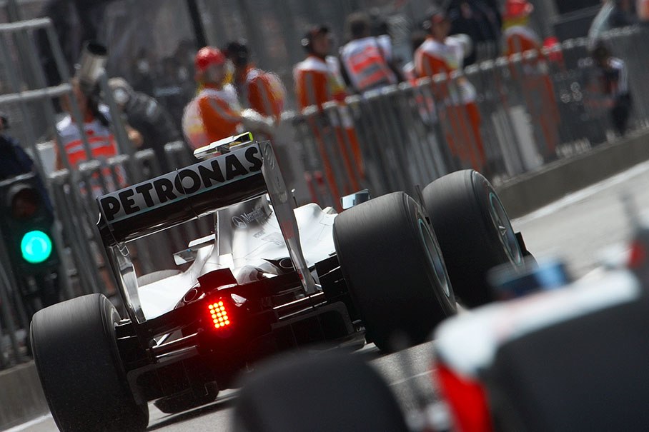 Green lights for Nico Rosberg, Mercedes GP, at pit lane entrance