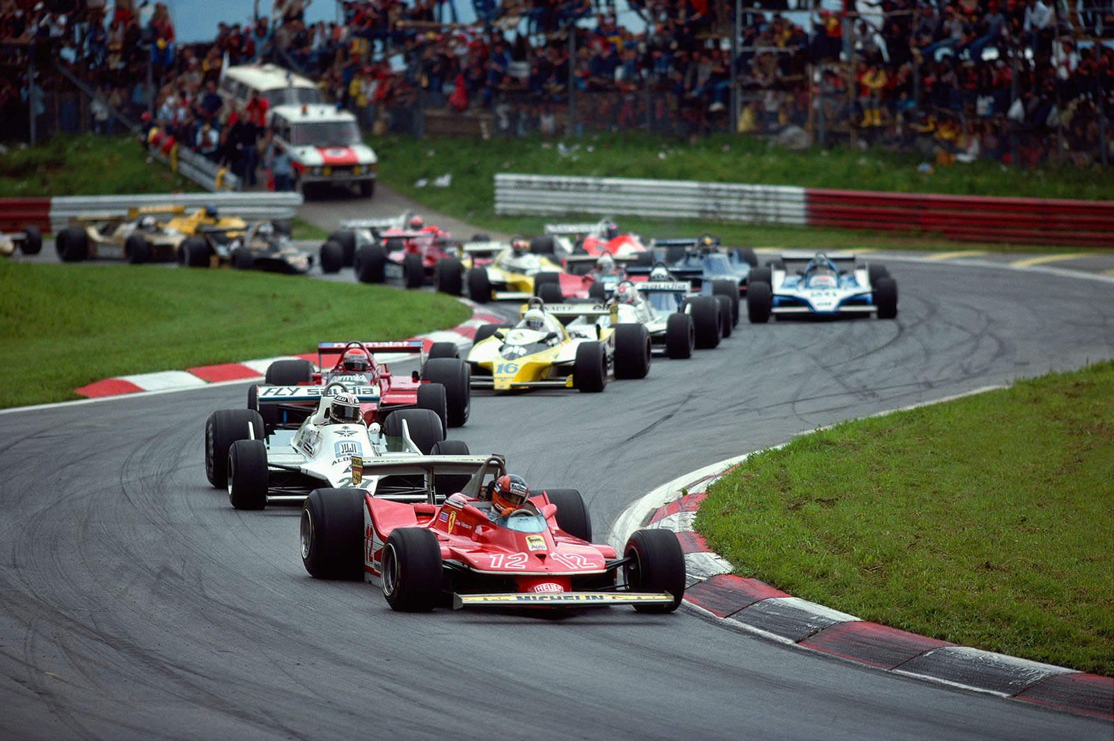 Gilles Villeneuve, Ferrari, made an amazing start from 5th position on the grid to take the lead from Jones, Lauda and Arnoux