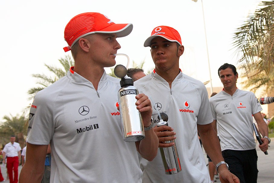 The three McLaren drivers Heikki Kovalainen, Lewis Hamilton and Pedro de la Rosa