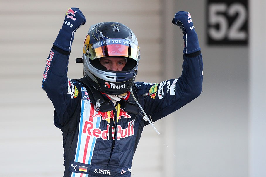 Suzuka Grand Prix winner Sebastian Vettel celebrates in parc ferme