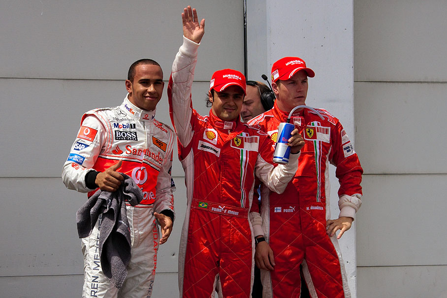 Lewis Hamilton, Felipe Massa and Kimi Raikkonen in parc ferme after qalifying session