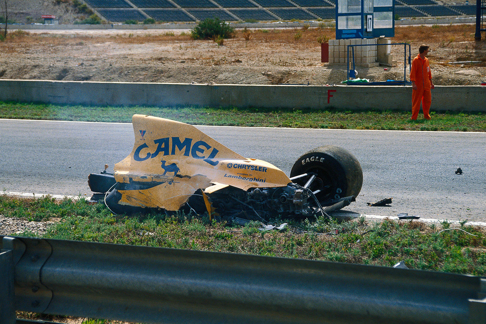 Martin Donnelly's Lotus crashed after a suspension failure on Friday practice