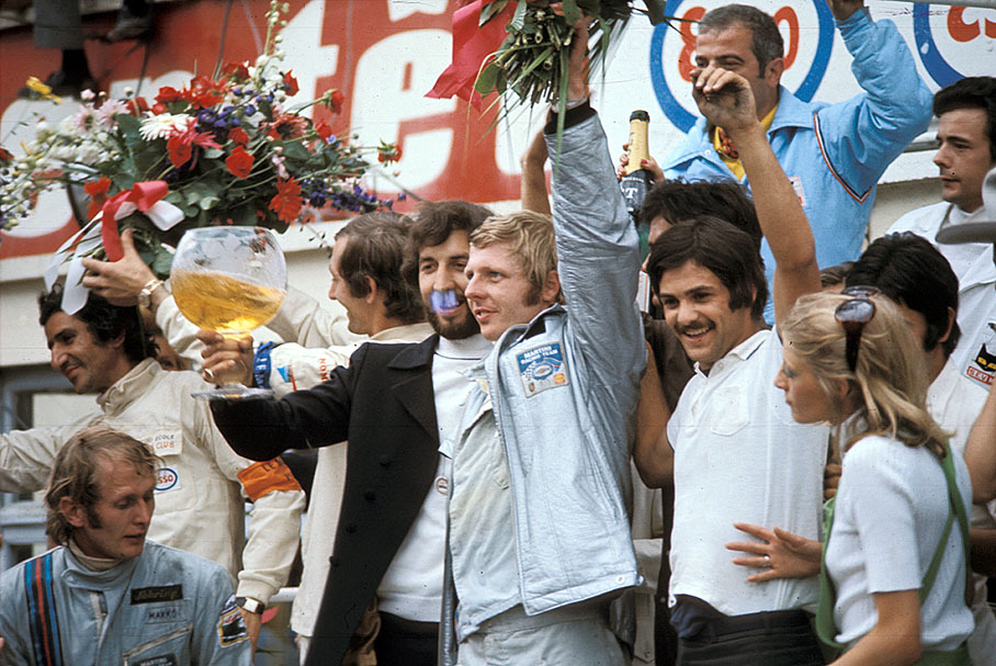 Helmut Marko (A) and Gijs van Lennep (NL) gain first place with a Porsche 917K #053 entered by Martini International Racing Team, 24h Le Mans 1971