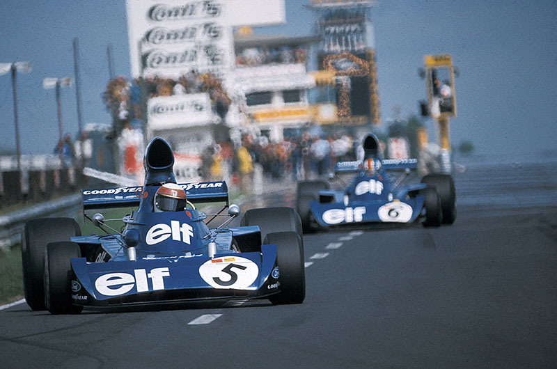 Race winner Jackie Stewart on Tyrrell-Cosworth 006 in front of second placed team mate Cevert, German GP Nuerburgring 1973