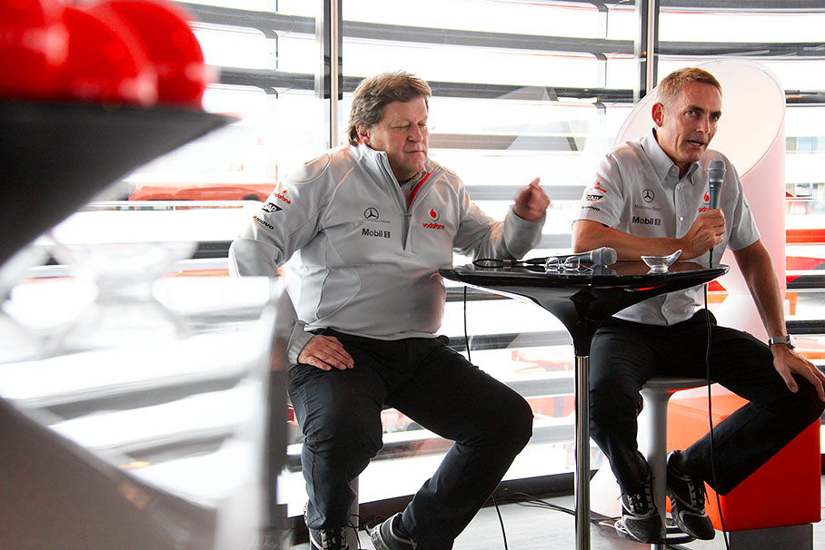 Mercedes motorsport director Norbert Haug and McLaren team principal Martin Whitmarsh during a press conference in the McLaren Mercedes motorhome
