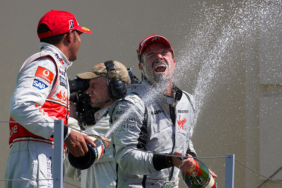 Race winner Rubens Barrichello enjoys the deserved champagne shower