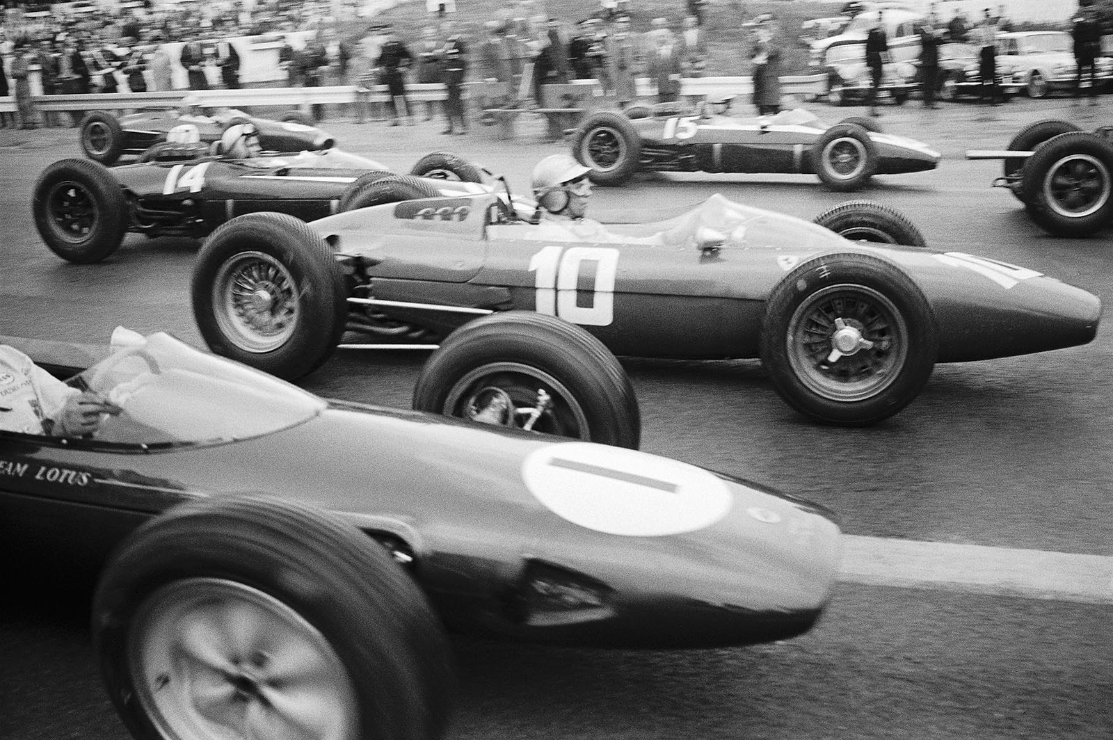 Willy Mairesse (no. 10) starts in a Ferrari 156, Belgium Grand Prix, 1963