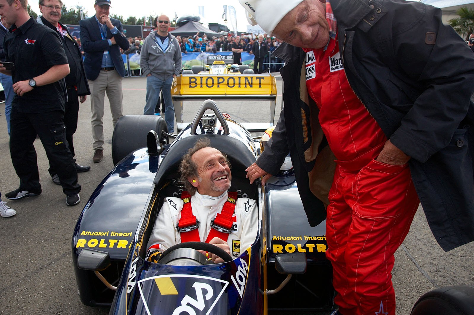 Pierluigi Martini (next to him Niki Lauda) in a 1987 Minardi-Motori Moderni. Martini was a famous driver for Minardi as he drove eight F1 seasons for the Italian team. Spielberg, Austrian Grand Prix, 2015.