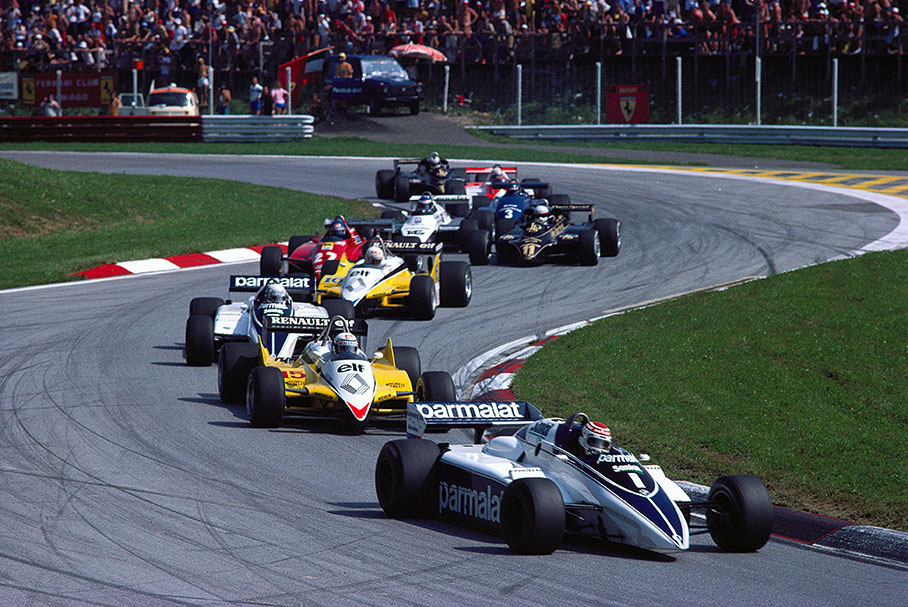 At the start, Nelson Piquet on Brabham-BMW, leads the field through the 1st chicane, followed by Alain Prost's Renault, the 2nd Brabham of Riccardo Patrese, Rene Arnoux on Renault and Patrick Tambay in the Ferrari