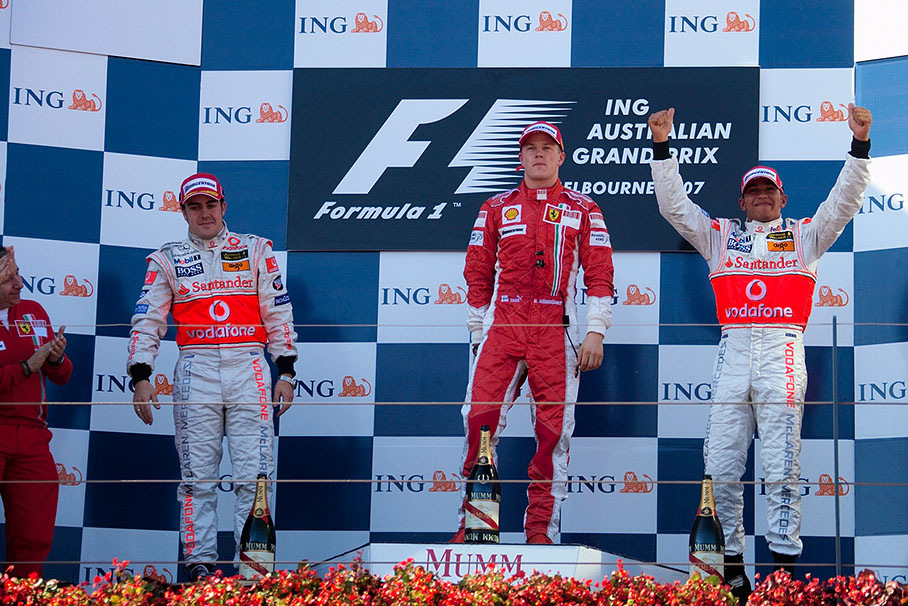 Second Fernando Alonso, winner Kimi Raikkonen and a bursting proud third Lewis Hamilton