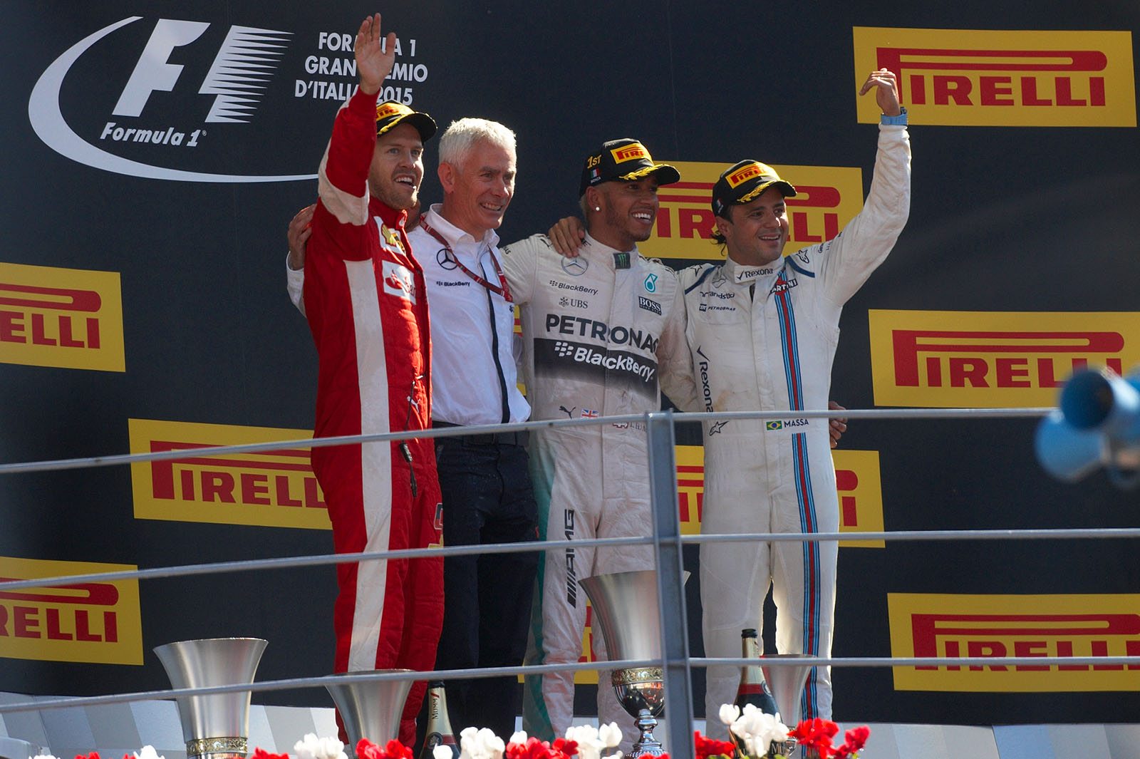 Sebastian Vettel, Geoffrey Willis, Lewis Hamilton and Felipe Massa, Italian Grand Prix, Monza, 2015