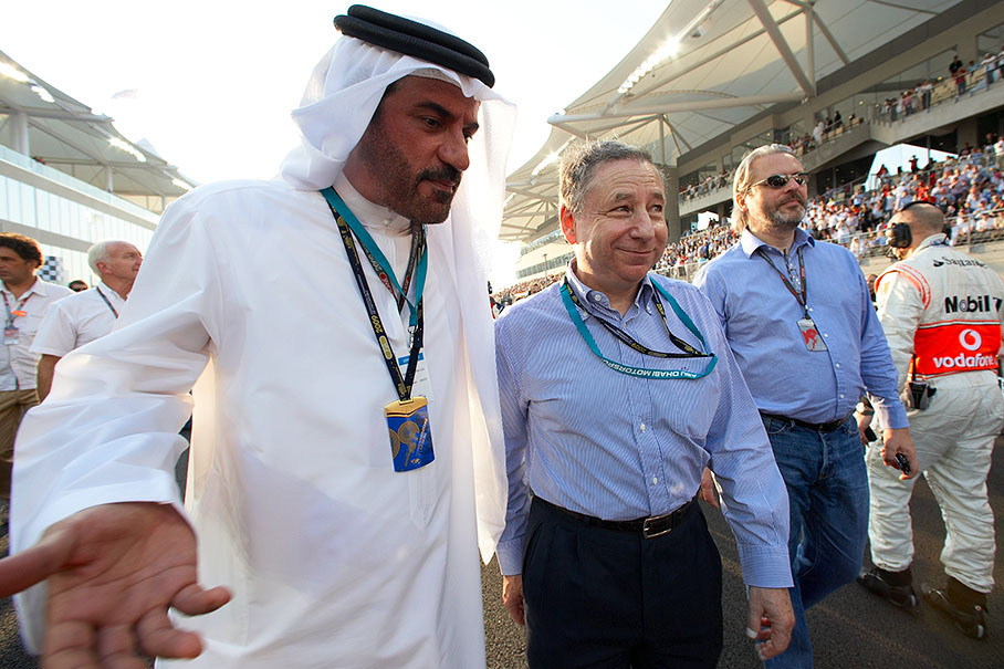 FIA Vice President for Sport Mohammed Ben Sulayem with the new elected FIA President Jean Todt and his spokesman Richard Woods walk over the gid