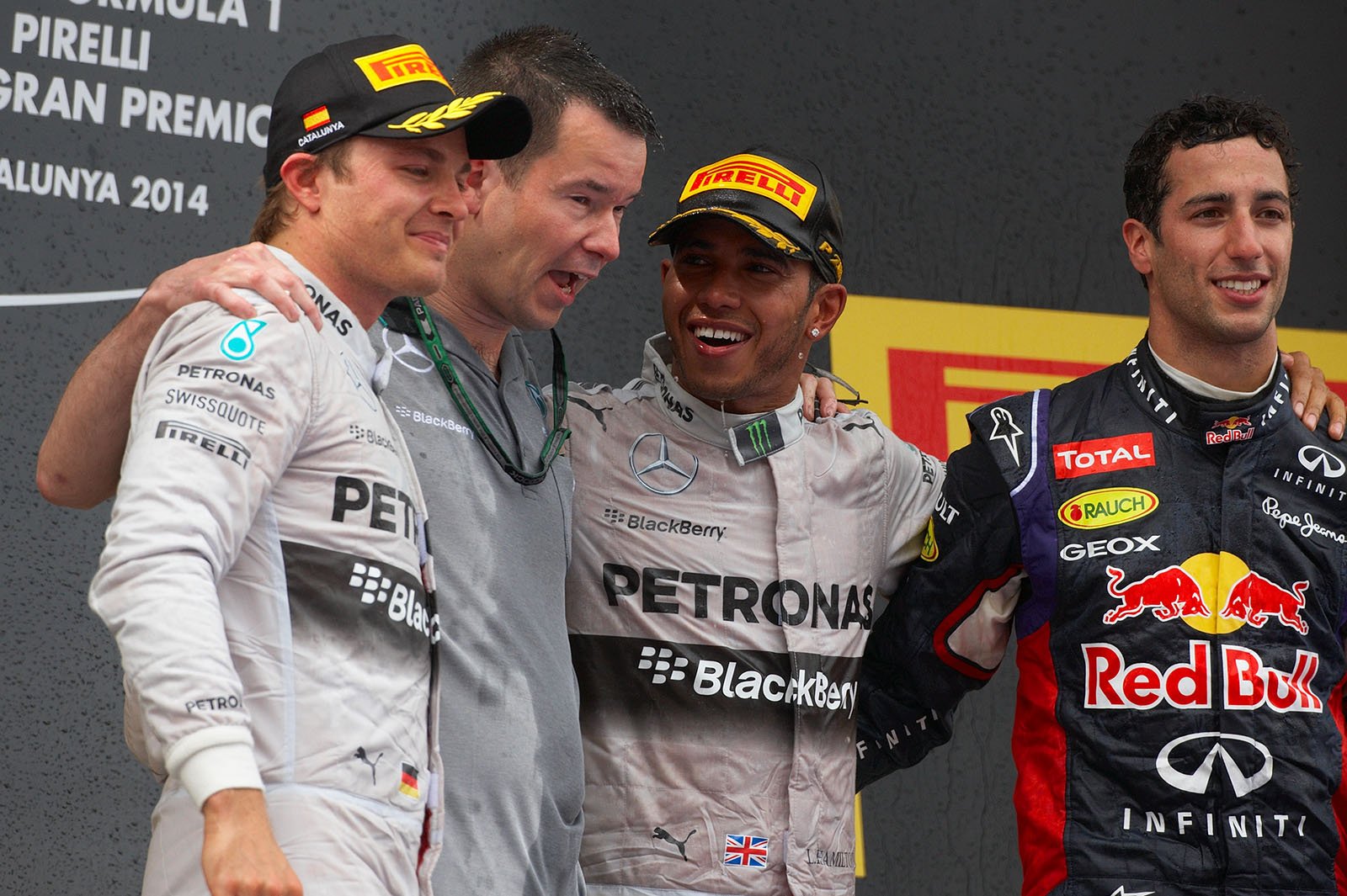 Podium finish with Nico Rosberg, Mike Elliot (head of aerodynamics at Mercedes), Lewis Hamilton and Daniel Ricciardo, Spanish Grand Prix, Barcelona, 2014
