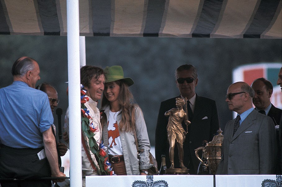Winner of the British GP Jochen Rindt on podium with his wife Nina