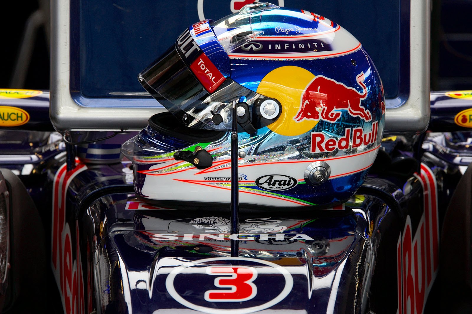 Ricciardo's racing helmet on his Red Bull racing car