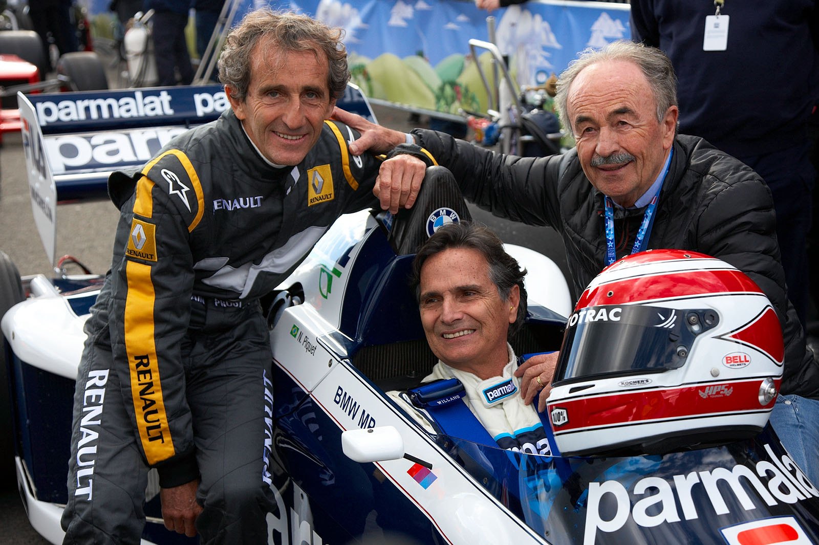 Alsin Prost and Nelson Piquet (sitting in his 1983 Brabham) ready for the Legends Parade at Spielberg, Austrian Grand Prix, 2015