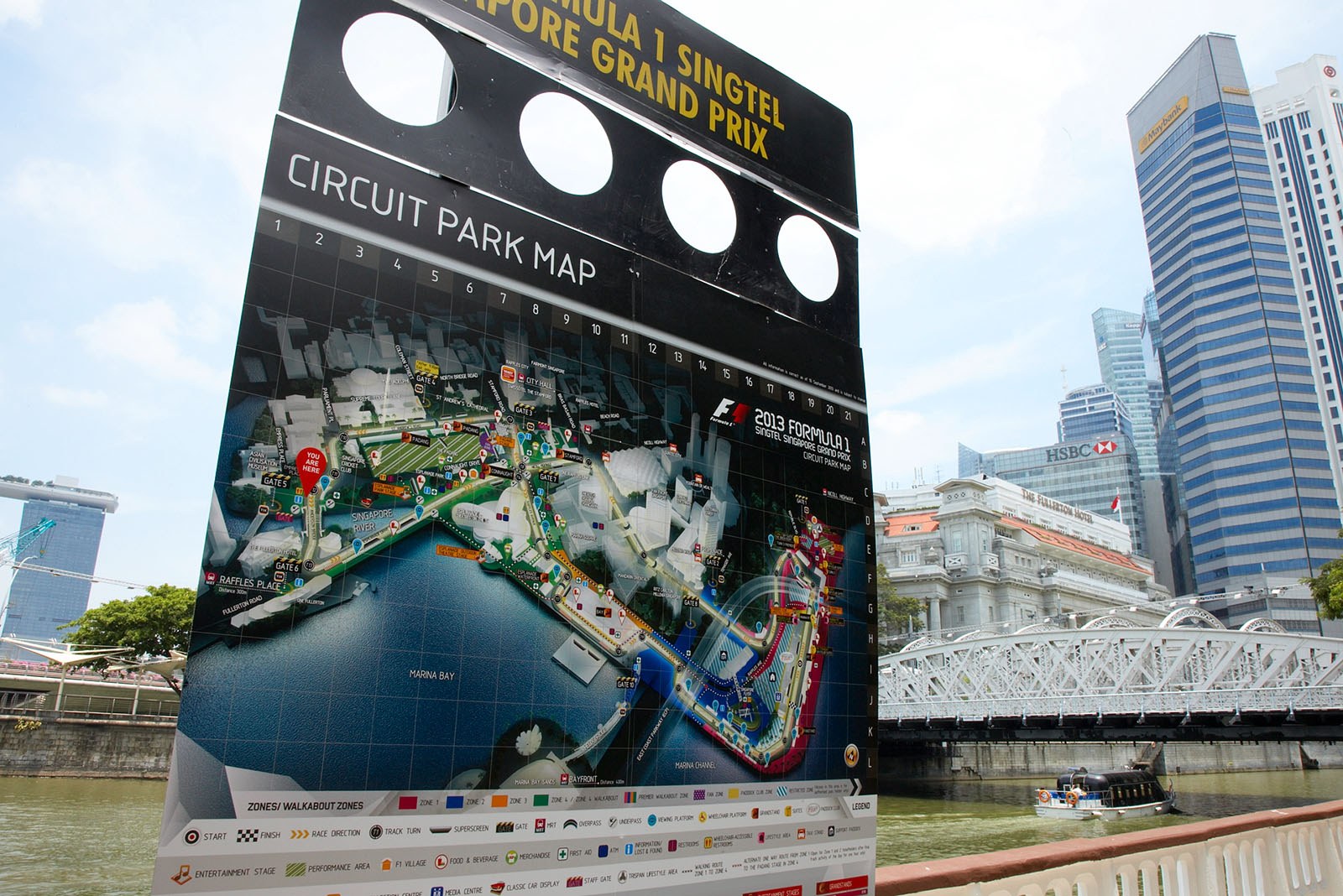 A destination board with detailed circuit map information welcome visitors to the Singapore Grand Prix, 2013