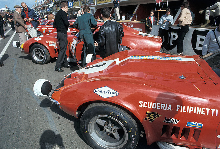 Scuderia Filipinetti's Chevrolet Corvettes stand in line before the 24h Le Mans 1968.