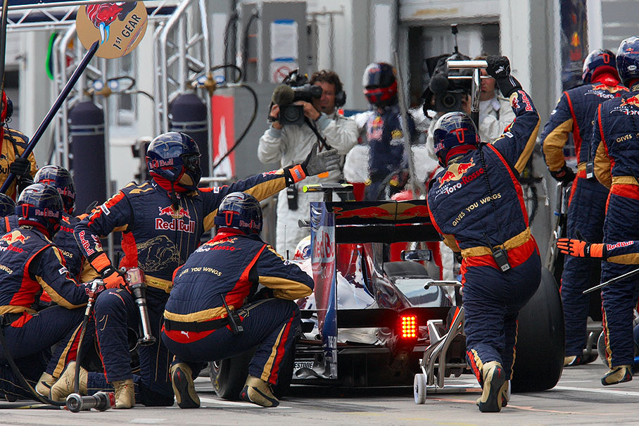 Tyre exchange for Sebastian Vettel's car at Red Bull pits