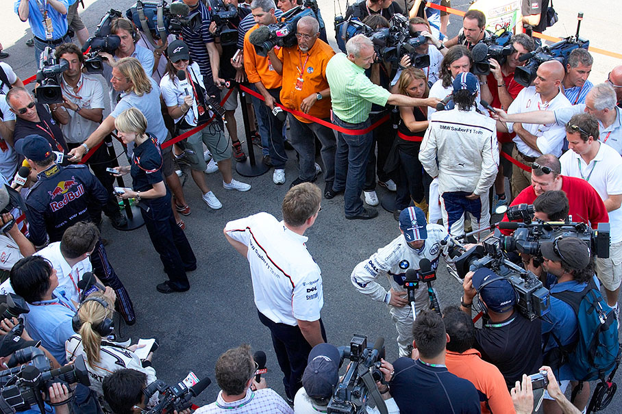A crowded TV interview zone